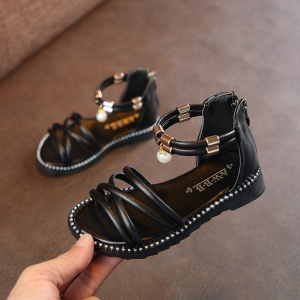 Summer 2025 High-Top Roman Style Girls Sandals Beach Shoes Flat Bottom Baby Princess Shoes Leather Splicing Fashionable Childrens Footwear