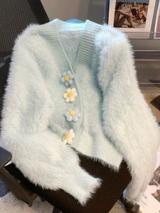 Elegant Flowers Mink Fur Knitting Cardigan Sweater Female Loose Sweet Soft Glutinous Easiest for Match Autumn Winter Coat Tops