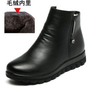 Leather Short Boots Womens Fleece-lined Winter Thickened Middle-Aged and Elderly Flats Mothers Cotton Shoes Soft Bottom Leather Shoes Wool Womens Boots Huizhou