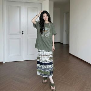 CHOUXIE | Attractive T Shirt Skirt Set Green