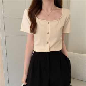 Square ปกเสื้อ เสื้อยืดแขนสั้น ผู้หญิง สูง เอว สไตล์สั้น พลัสไซส์ ทันสมัย สไตล์ฝรั่งเศส เสื้อท่อนบน ฤดูใบไม้ผลิ 2021 อินเทรนด์