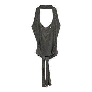 American Style Spicy Girl Neck Hanging Strap Womens Summer 2025 Heart Patch Tie Dangle C6571 Glittering Streetwear Top