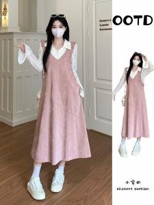 Sweet Pink Lace Shirt Vest Dress Womens plus Size Autumn Korean Style Casual A-Line Skirt Two-Piece Set Layering Clothing