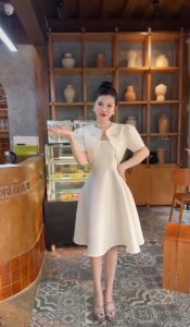 Set áo váy nữ 2 dây xòe bồng kèm khoác croptop lửng tay Kem chất Tafta cao cấp lịch sự trang nhã