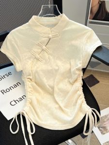 ใหม่ ฤดูร้อน Qipao เสื้อท่อนบน สําหรับผู้หญิงติดกระดุม เอว เข็มขัดแขนสั้นแนวทแยง ปกเสื้อ สไตล์จีนแบบดั้งเดิม Lady Commuter เสื้อ