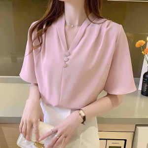 Chiffon Commute Minimalist V Neck Short-Sleeved Shirt Womens Summer New Arrival French Fashion Fashionable Fancy Easiest for Match Tops