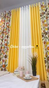 NON-BLOCKOUT 3in1 & 5in1 Korean Curtain  Newest Print Sunflower  - Egg Yellow - Cream Modern Home Ring Curtains 10 Rings 5-8FT