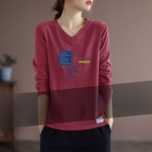 Pure Cotton Vải Bông Áo Dài Tay Cổ Chữ V Rộng Rãi Nữ Áo Sơ Mi Cơ Sở Mùa Thu Thời Trang Đơn Giản In Phong Cách Phong Cách Pháp Rộng Rãi Fit Áo