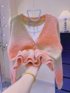 Sweet Gradient Dyed Knitted Open Cardigan Womens Style Spring New Arrival Age Reducing Sweater Jacket Korean Version Regular Fit