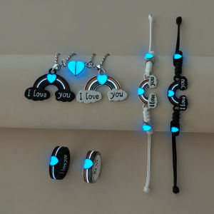 6-Piece Set Glow-in-the-Dark Heart & Rainbow Cloud Couple Accessories I Love You Necklace Ring Bracelet Gift Jewelry