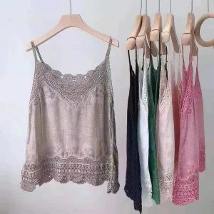 DSF Studio spring and summer vacation new cotton and linen small vest with bottom womens hollow embroidery suspender loose sleeveless top