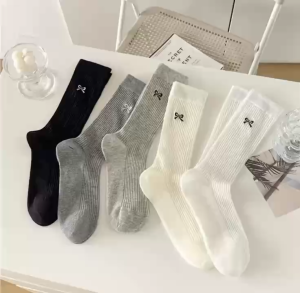 Socks embroidered bowknot medium-length gray female ballet style long-length cotton Korean summer thin pile socks