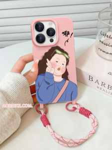 Funny Female Silicone Liquid Phone Case for Apple 15 Anti-fall Double Buckle Protection Cover Cartoon Style with Lanyard