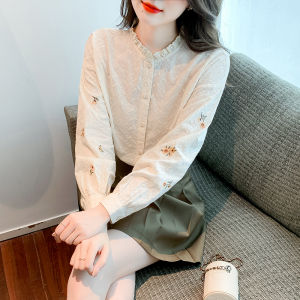 Pure Cotton Long Sleeve Shirt Womens Autumn New Style French Professional Lace Trim Linen Stand Collar All-Match Loose Fit