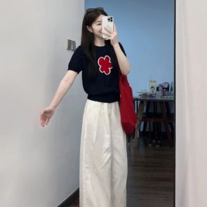 VKSOD | Ladies Korean Style Lazy Fashion Plus Size High Waist Solid Color Short Sleeve Two Piece Set Dark Blue Wide Leg Pants