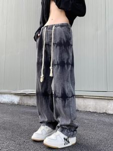 Mens Straight Leg Gradient Dyed Tie Dye Washed Jeans Retro Japanese Style Elastic Waist Casual Cool Brand Jeans Spring Autumn