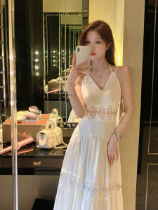 Phong Cách Pháp Ren Nối Không Dây Đầm Nữ Đuôi Eo Thanh Lịch Kỳ Nghỉ Trắng Dài Đầm Mùa Hè Lễ Phục