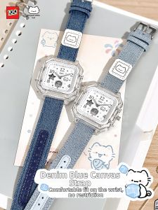 ZGO FUNSU | Cute Cartoon Lines Cat Collaboration Womens Watch Blue Denim Canvas Strap
