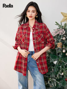 puella | Spring Women Red Plaid POLO Collar Loose Long Sleeve Shirt