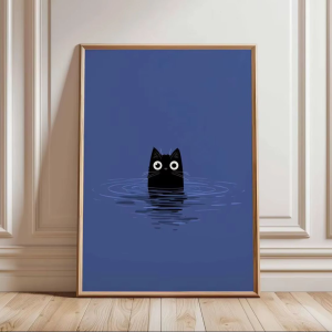 Funny Cat Poster Minimalist Cat Wall Art Black Cat Print  Animal Illustration Cute Cat in Water Art Blue Cat Room Decor