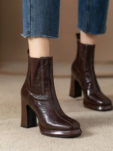Comfortable Short Fashion Boots Waterproof Platform High Heels Elastic Band Heightening Short Boots Brown Leather Sheepskin