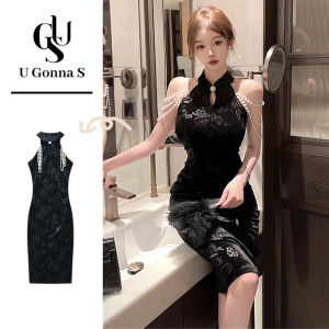 ชุดกี่เพ้ายาว2024ทันสมัยสำหรับผู้หญิงชุดรัดรูปกับมุกปกจีนเสื้อผ้าหรูหราเซ็กซี่แบบดั้งเดิมเสื้อผ้าแฟชั่นยืดได้ปาร์ตี้มื้อเย็นช่วงเย็นสีดำสีแดง