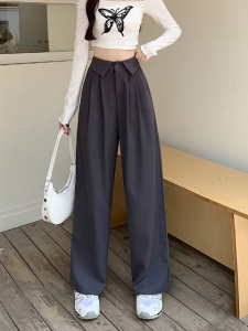 korean high waist loose suit pants for women silm button flanging trousers