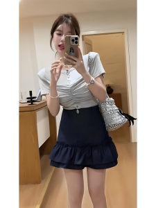 YUEZHONGWEI | American Style Shoulder Grey Knot Short Sleeve T-Shirt Women Summer Design Slimming Short Length Top Korean Style Commute Wind