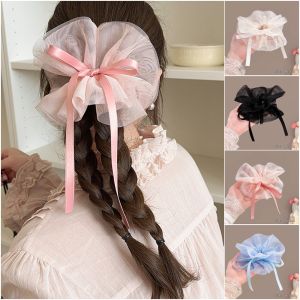 Sweet Mesh Bow Drawstring Large Hair Loop for Women Tied Hair Low Ponytail Bun Hair Rope Floral Hair Accessories Korean Style