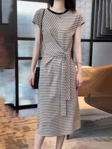 Summer Womens Mid-Length A-Line Dress 2025 New Design Small Audience Short-Sleeve round Neck Striped High Waist Skirt