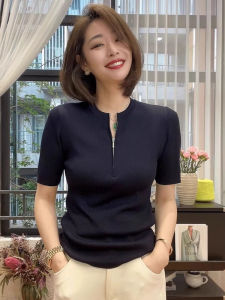 Shi Yilin Womens Ice Silk Knit Dress Summer New Arrival Half Zipper Pullover Slim Fit Base Shirt K-style Work Clothing