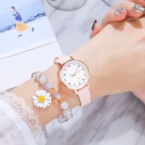Jam Tangan Wanita Motif Bunga Daisy Kulit Pu Leather Premium Original Stainless Steel Titanium Luminous Bercahaya Korean Style Cewek Dewasa Kekinian