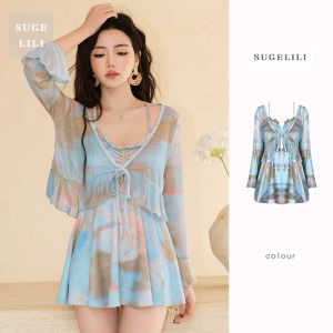 Womens One-Piece Swimsuit Set with Cover up Gradient Print Thermal Spring Bathing Beauty Slimming Effect Tagkita Brand