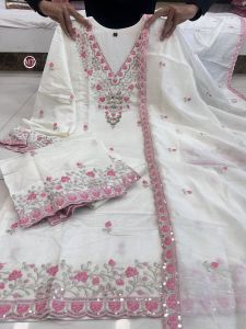 Soft Chanderi Kurti With Embroidery Sequence Neck work & Sharara with Embroidery Work with  Chanderi Embroidery Work 3 Piece Kurti Set for women