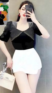 Áo thun nữ đính hạt xoàn tay áo kiểu bồng bềnh