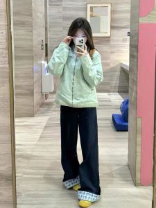 High Waist Wide Leg Plaid Patchwork Denim Pants Women Straight Cut Floor Length Trousers Butterfly Knot Design Versatile Jeans