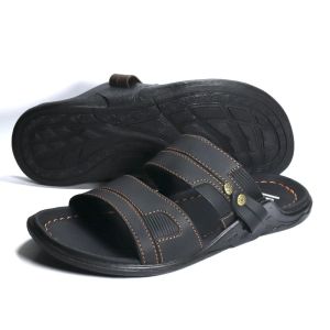 Sandal Kulit Sintetis Pria Dewasa /Sendal Jepit Flipper Terbaru Selop Slop Casual Murah 100% Real Pick Slip On Ban 2 Coklat Hitam S22