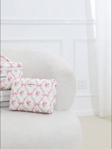 Cute Bow Flower Quilting Cotton Makeup Bag Women Zipper Cosmetic Organizer Female Cloth Handbag Portable Toiletry Case for Girls