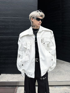 แจ็คเก็ตหนังมอเตอร์ไซค์สีขาว ทรงหลวม แขนยาว ปกโปโล แฟชั่นฤดูใบไม้ผลิและฤดูใบไม้ร่วง สำหรับผู้ชาย สไตล์อเมริกันสตรีท เทรนด์การเดินทาง