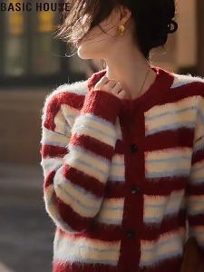 Basic House | Áo Len Cardigan Dệt Kim Kẻ Sọc Đỏ Nữ Thu Đông