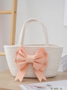 กระเป๋าถือผ้าฝ้ายสีชมพูสุดน่ารักพร้อมโบว์ผูกเชือกขนาดใหญ่ กระเป๋าถือสำหรับงานแต่งงาน กระเป๋าถือผ้าฝ้ายสไตล์หวานๆ สำหรับผู้หญิง