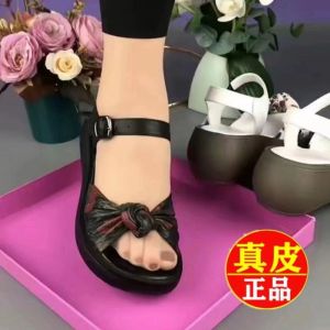 Leather platform soled soft-soled sandals womens fish mouth bow ethnic style wedge heel sandals