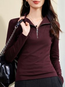 Zipper Long Sleeve Polo Collar T-Shirt Womens Autumn New Style High Waist Slimming Versatile Base Layer Top Korean Style Commute