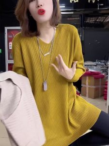 V-Neck Mid-Length Knit Sweater for Women Loose Fit Long Sleeves Pullover Style Sweater with Jacquard and Resin Fixation Ideal for 18-24 Year Olds