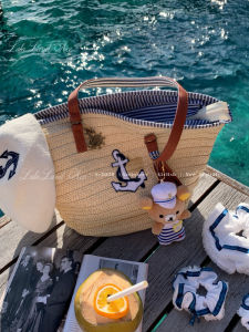 กระเป๋าถือใบหญ้าทอแบบลำลองขนาดใหญ่สไตล์ทหารเรือ Lala Land Sunset Cruise Original กระเป๋าถือชายหาดแบบลำลอง