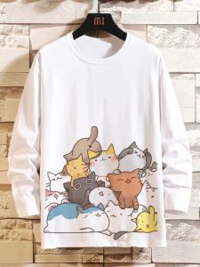 Long Sleeve T-Shirt for Men Creatively Designed Anime Wide Loose Large Size Cat Youth Student Base Shirt Autumn Winter