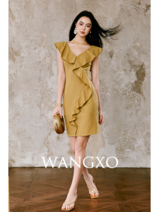 WANGXO | Đầm Midi Cổ Xếp Co Dãn Cao Đôi Mặt