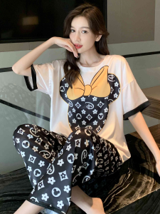 Lefeni Ice Silk Thin Short Sleeve Sleepwear Set Womens Home Fashion Luxury Feel Long Pants Summer Cool Home Clothes