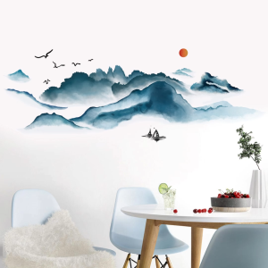 Decal dán tường Phong cảnh Thủy mặc núi non Có keo sẵn - Trang trí phòng khách phòng trà