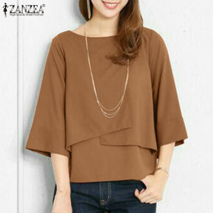 ZANZEA Korean Style Womens Blouse Round Neck Half Sleeve Double Layer Fashion Casual Pullover